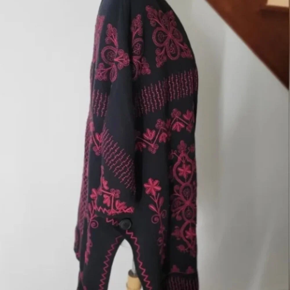 Johnny Was Embroidered Open Front Kimono Black Fuchsia Bohemian Cotton Cardigan